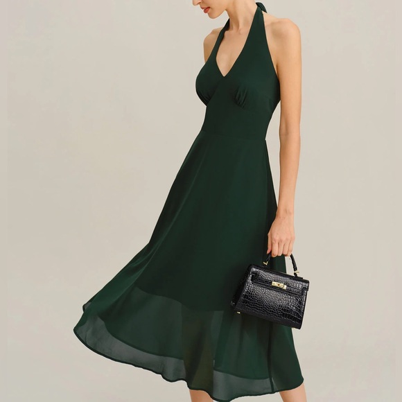 Rihoas Green Chiffon A-Line Halter Midi Dress - Picture 3 of 6